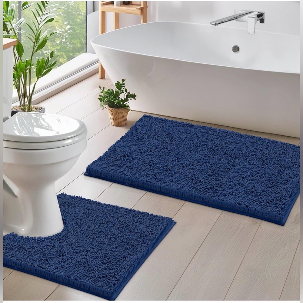 NWT LuxUrex Chenille Bath Rug Set Soft Plush Anti-Slip Set of 2 Microfiber Blue